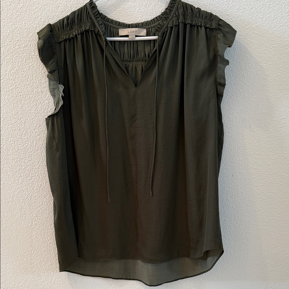 LOFT Dark Olive Blouse with Ruffle Sleeves